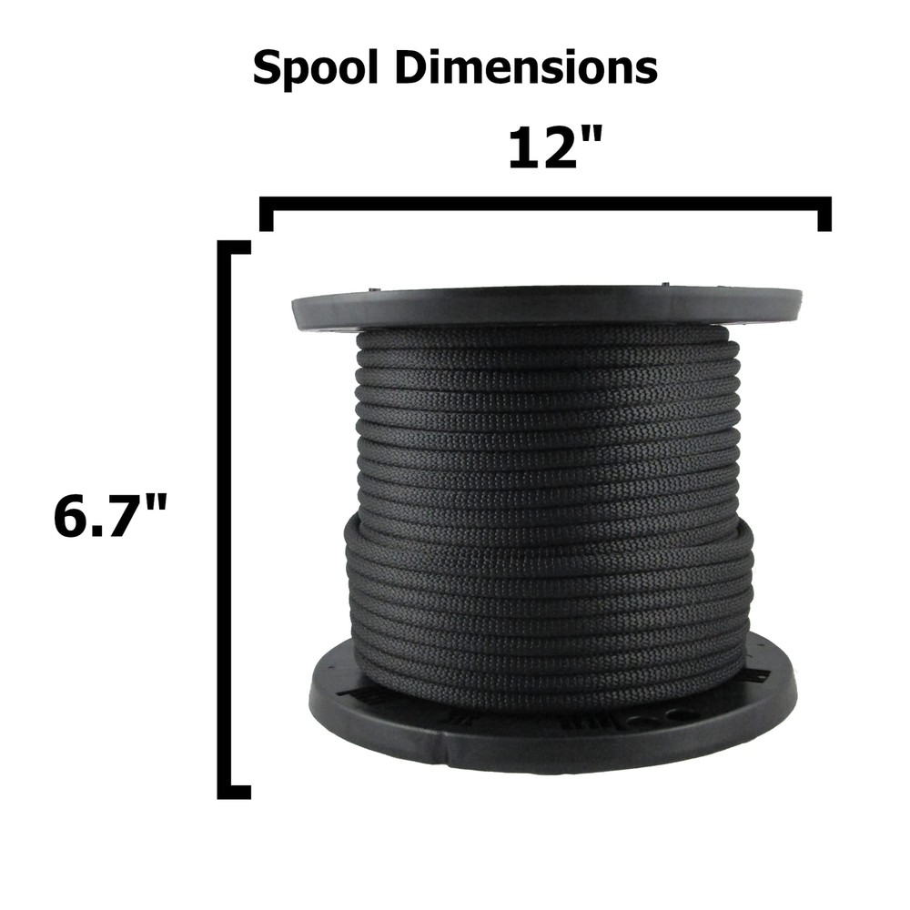 3/8 Inch Black Dacron Polyester Rope 250 Foot Spool | Solid Braid Industrial Gra