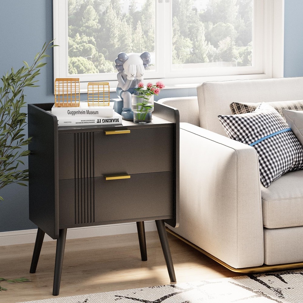Black Nightstand Modern Bedside Table with 2 Storage Drawer, Small Night Stan...