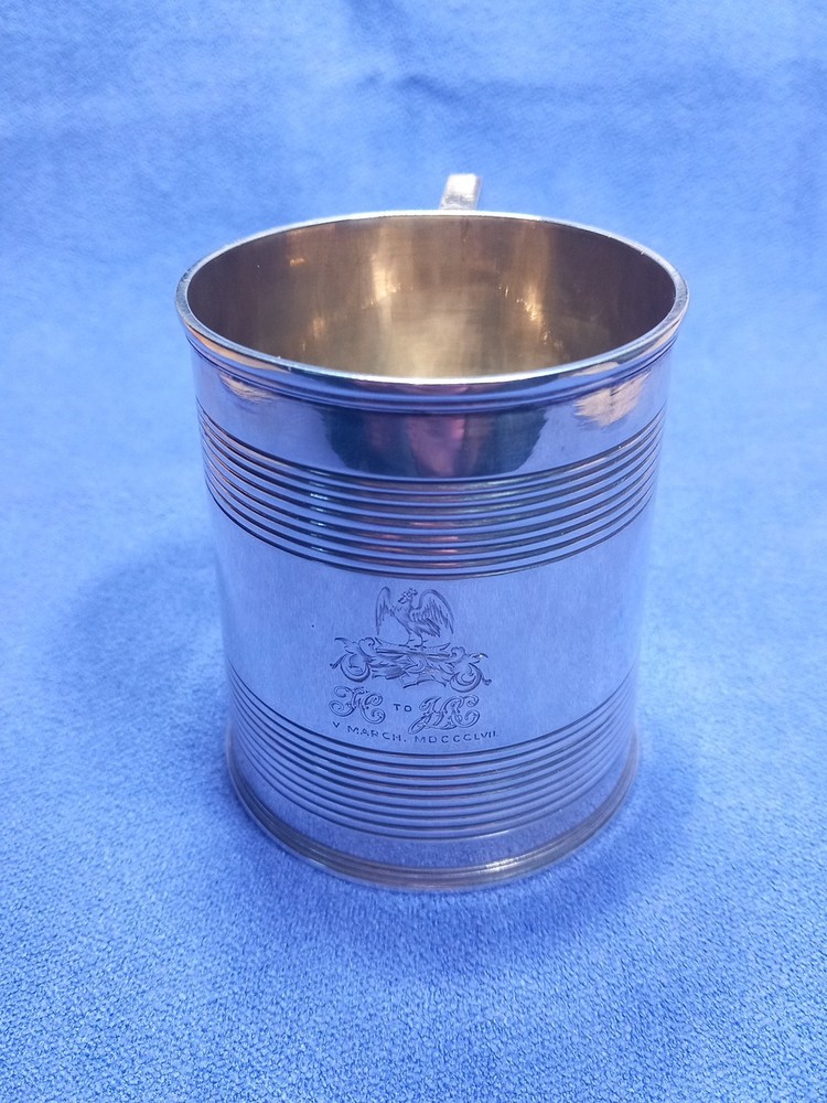 1856 Exeter Sterling Silver Christening Mug Lined Pattern Josiah Williams