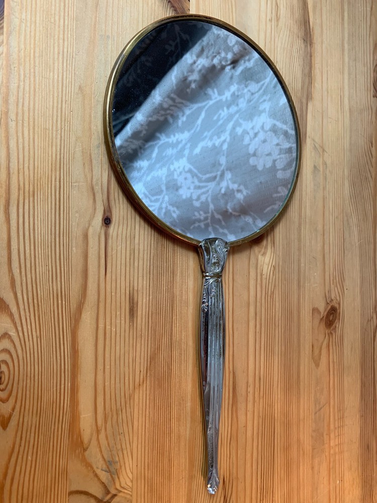 Vintage Hand Held Round Vanity Silver Plate Mirror