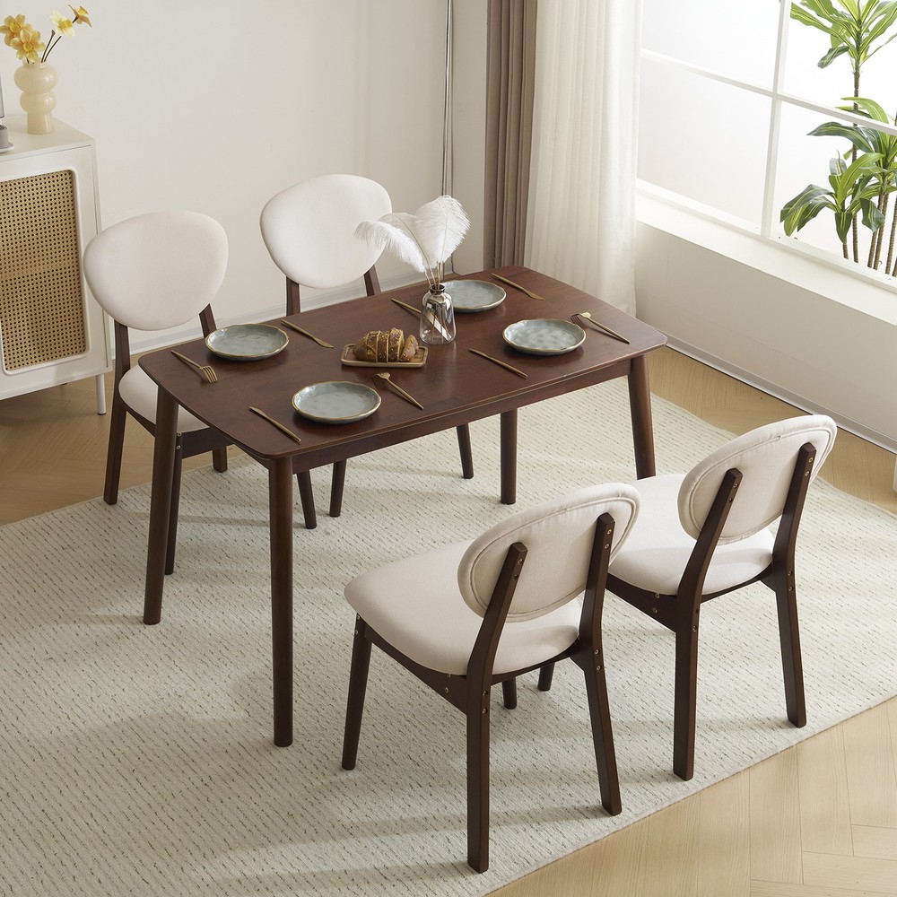 5pc Solid Wood Dining Set Deep Walnut Table & 4 Beige Padded Chairs Space-Saving