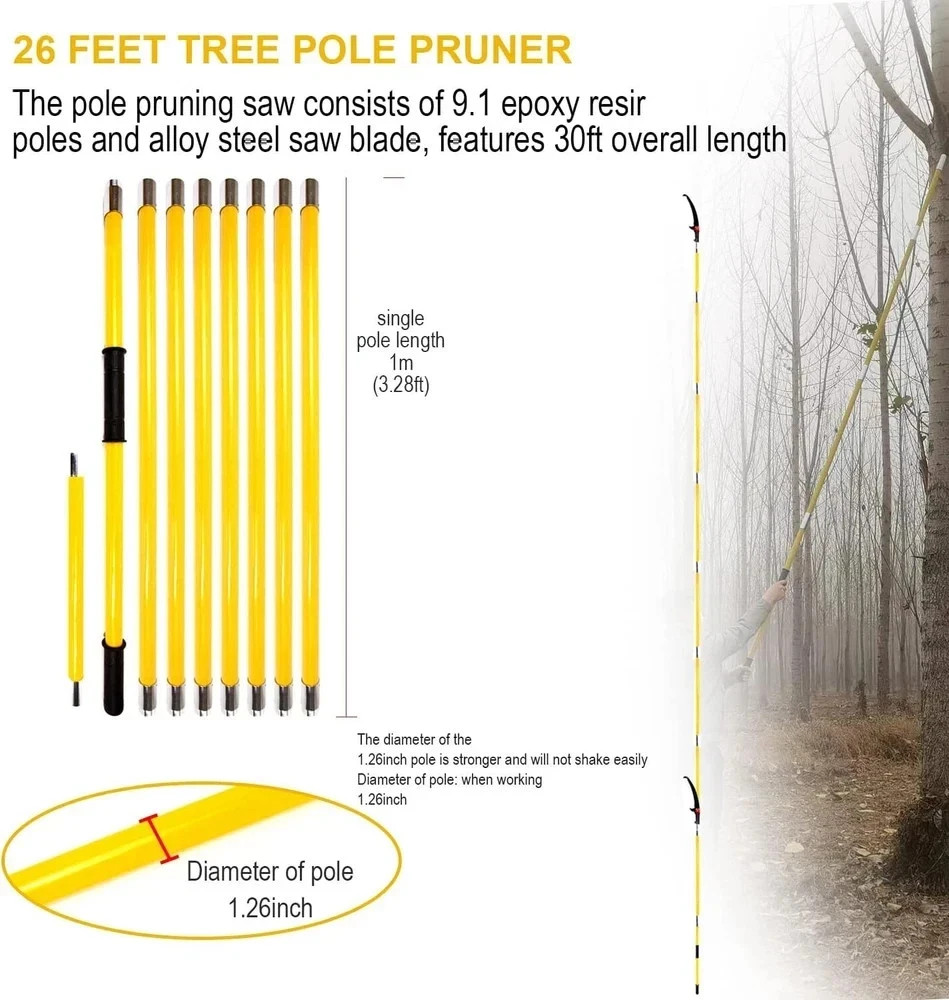 30 Feet Tree Pole Pruner, Durable Trimmers Handle, Manual Yellow