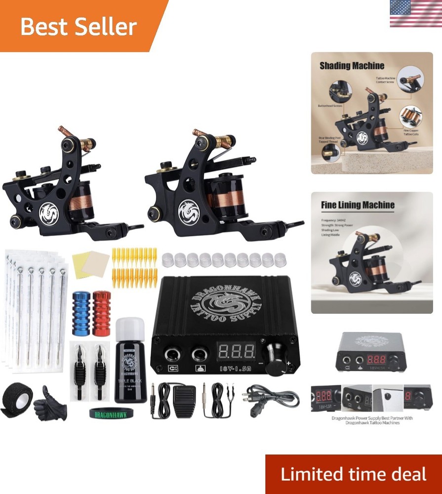 Beginner-Friendly Tattoo Kit with Two Pro Machines, Ink & 20 Sterilized Needles