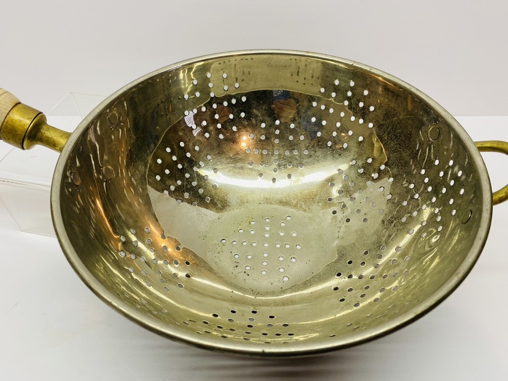 Vintage Tin Lined Copper Colander/Strainer With Wood Handle 9" Diameter