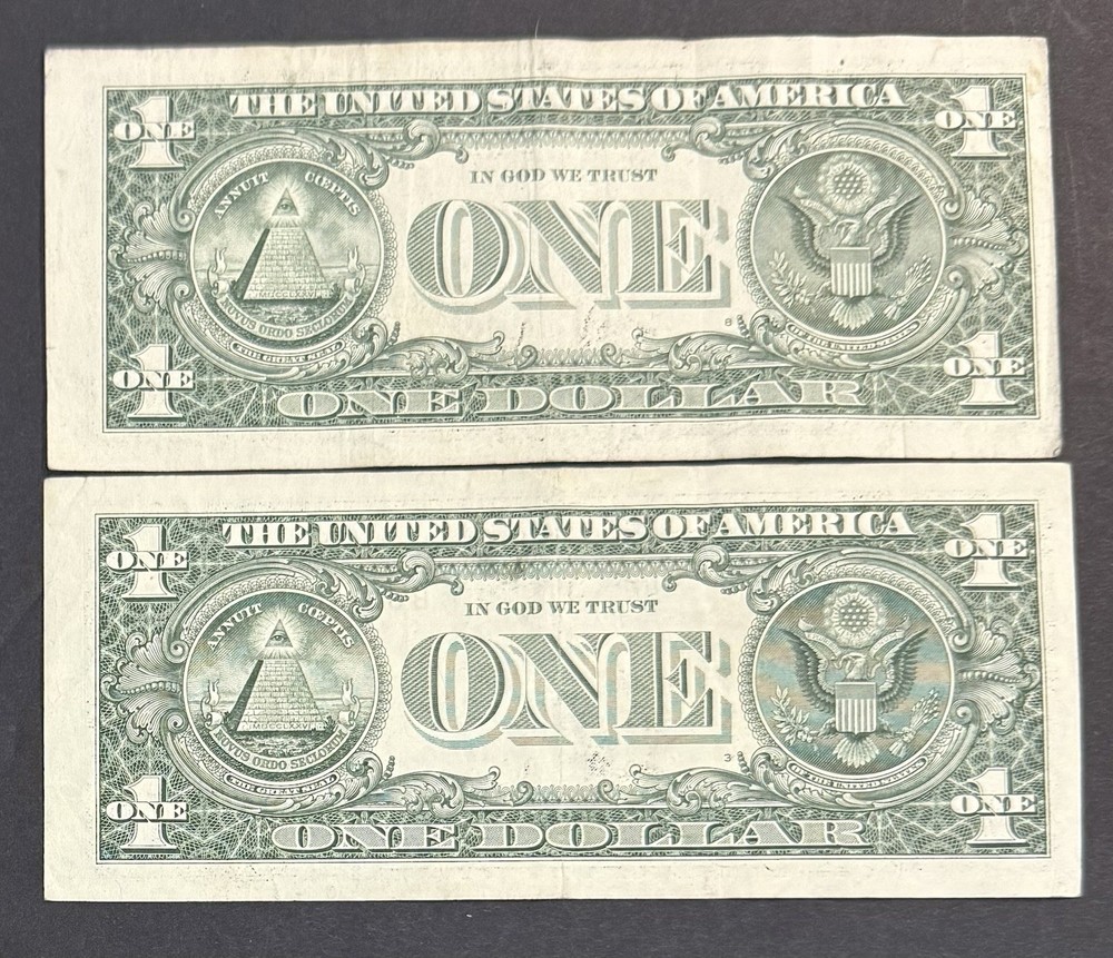 2- $1 ONE DOLLAR BILL NOTE MISCUT MISALIGNED OFF CENTER ERROR