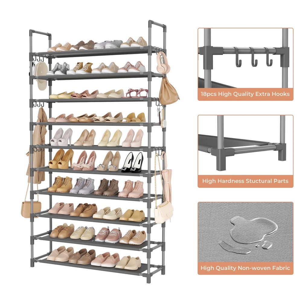 10Tier Tall Shoe Rack with 18 Hooks Holds 50 Pairs, Stackable Vertical Grey