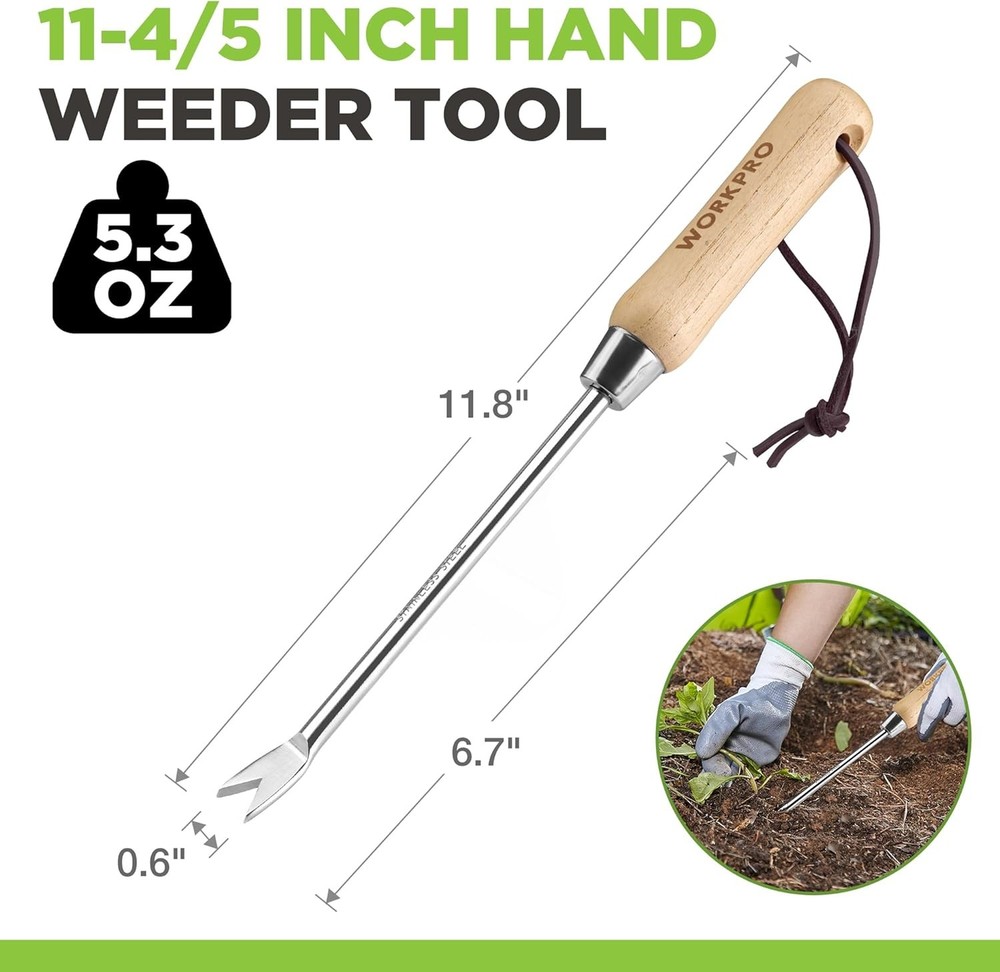 WORKPRO Dandelion Weeder Puller Tool with Wood Handle, Polished Stainless Steel