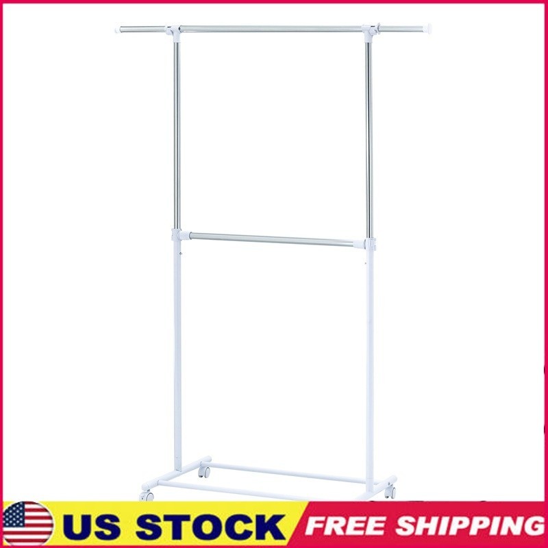 Adjustable 2-Tier Chrome Garment Rack Rolling Storage Solution W/ Wheels New