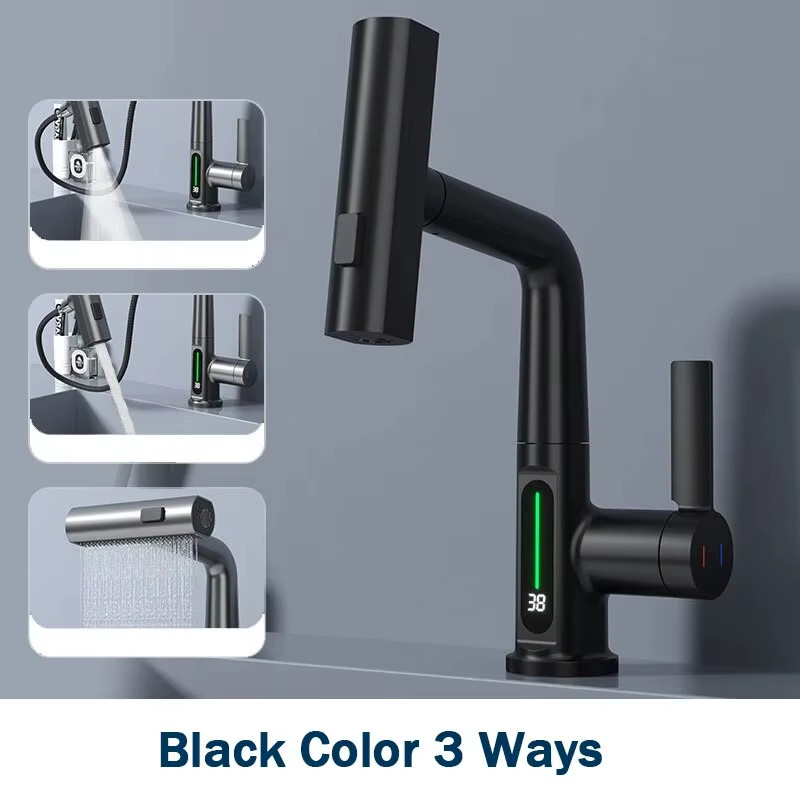 Temperature Digital Display Basin Faucet for Bathroom Pull Out Waterfall Stream