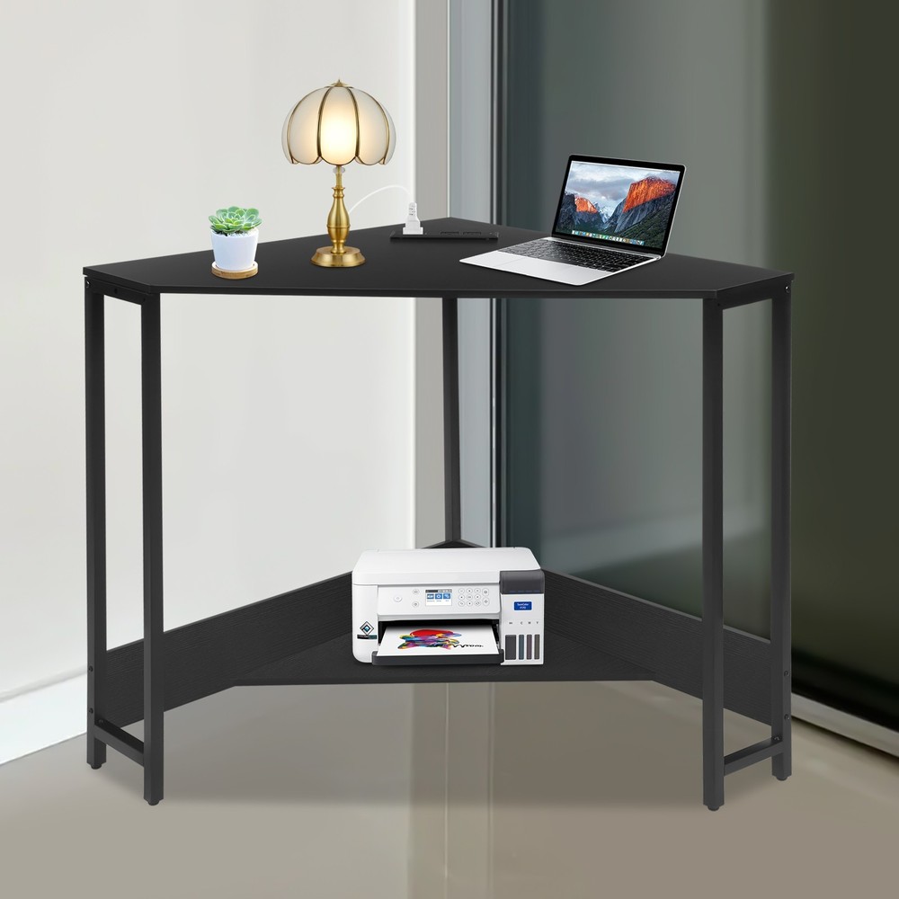 Triangular Corner Desk, Small Desk with Outlets, Free Standing Corner Table