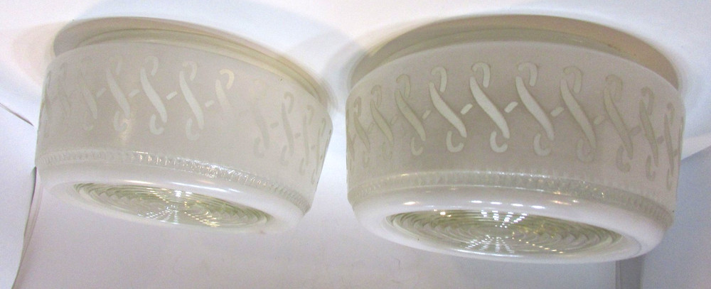 Pair Old White Frosted Glass Drum Bullseye Scroll Ceiling Light Diffuser Globes