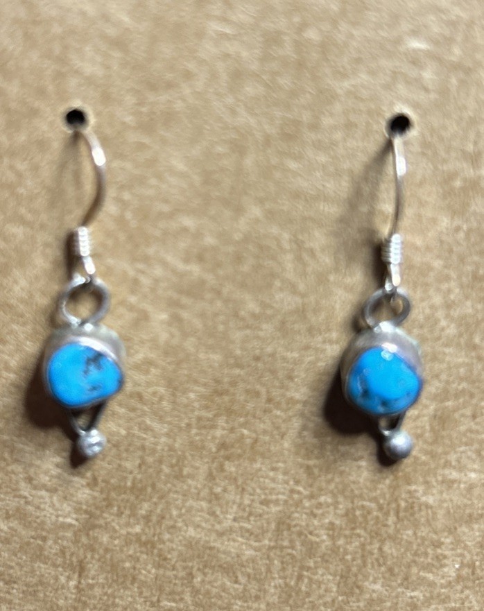 Sterling Silver Turquoise Raw Shape Surface Round Dangle Wire Earrings