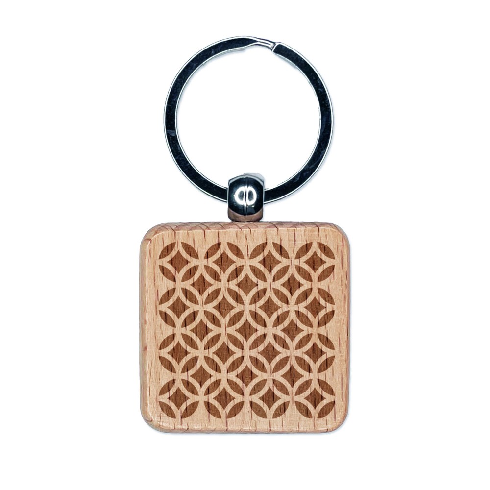 Geometric Overlapping Circles Engraved Wood Square Keychain Tag Charm