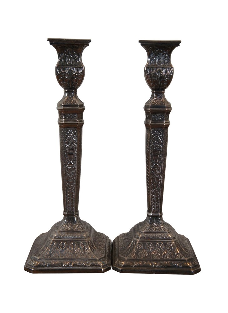 2 Antique Neoclassical Repousse Silver Plate Candlesticks Candle Holders 12"