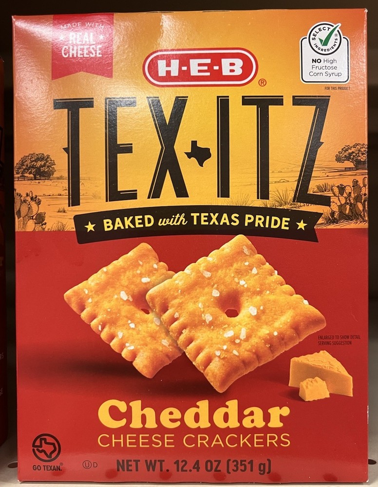 2 Pack HEB TEX-ITZ Cheddar Cheese Crackers Baked Snack Crackers 12.4oz Texas