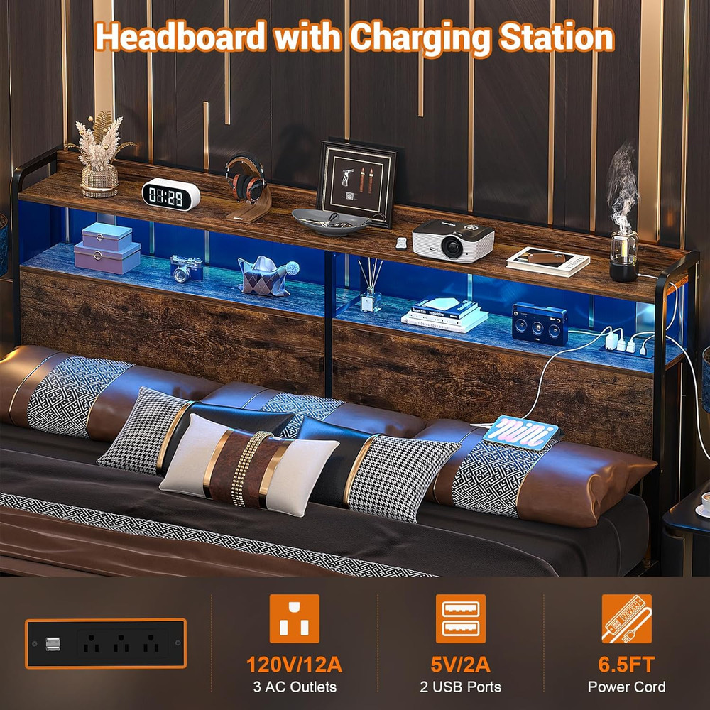 Rustic King Size Headboard with USB Ports, LED Light & Storage, Adjustable