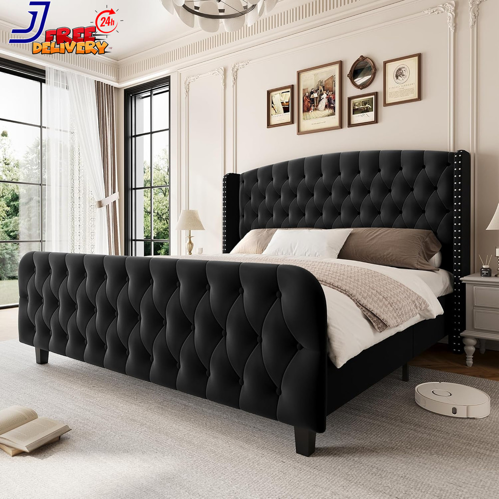 Chic 51" Tufted Suede Queen Bed Frame with Wingback & Nailhead Accent