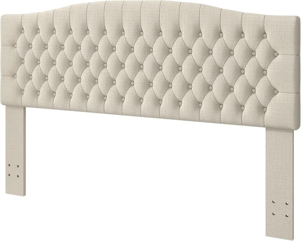 King Headboard Upholstered Wall Mount Tufted Linen Ivory for Adjustable Bed