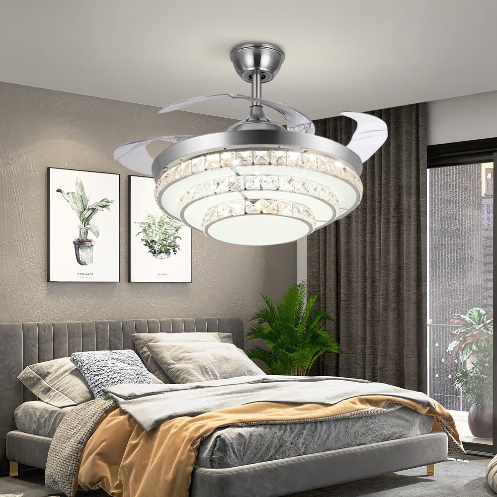 42 inches Silver 3-Ring Crystal Fan Ceiling Light