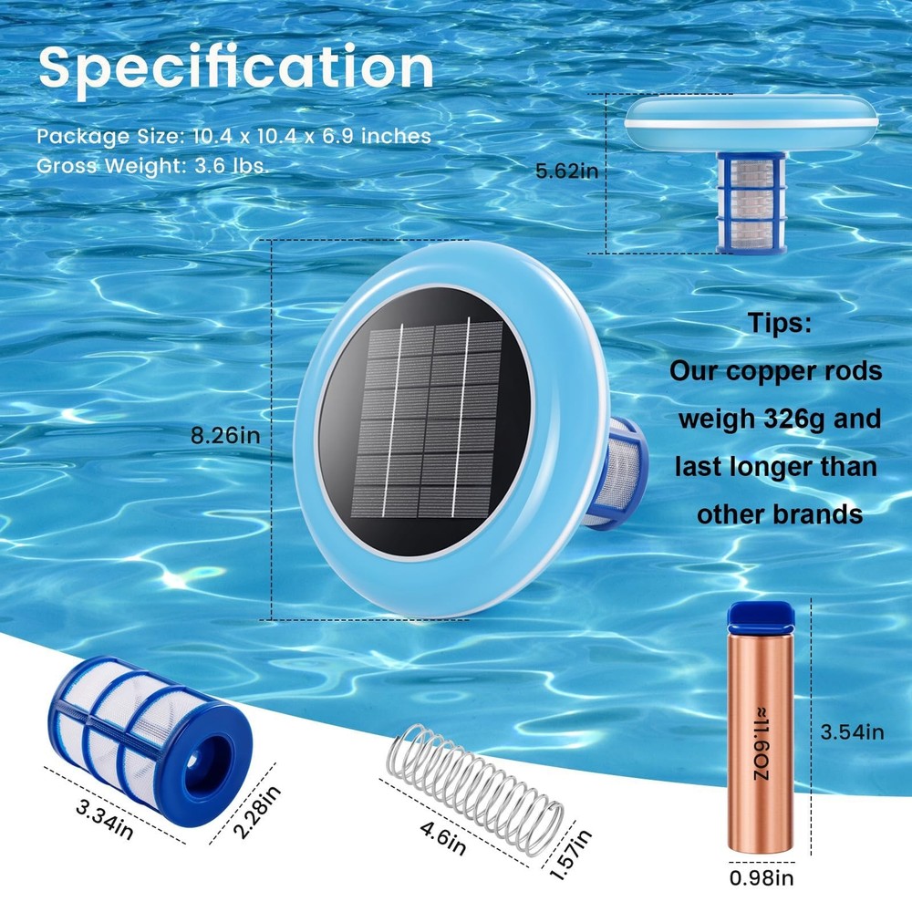 Pool Ionizer Solar Powered,Copper Ionization,Floating Automatic Water Cleaner...