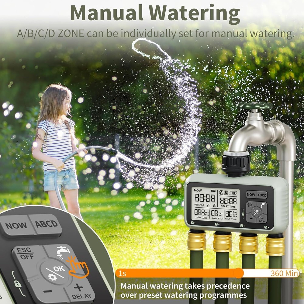Sprinkler Timer Outdoor Programmable 4 Zone Water Timer with Rain Delay LCD IP54