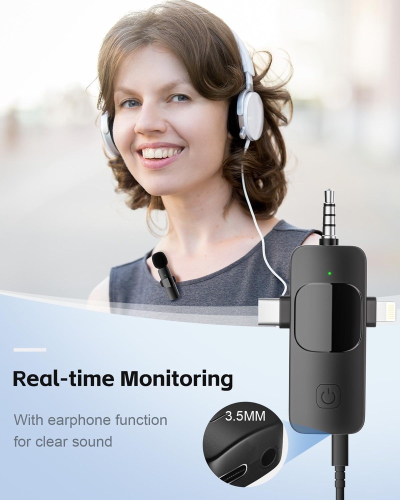 3-in-1 Wireless Lavalier Microphone for iPhone&Android,mini Microphone for Ca...