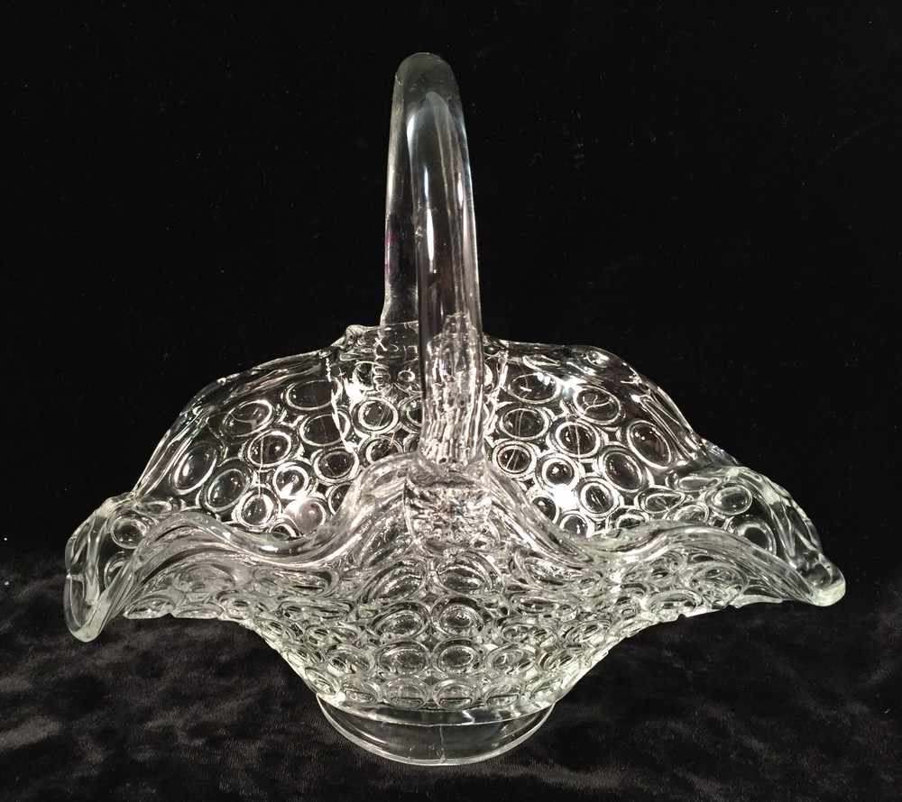 Clear Heavy Pressed Glass Oval Basket w/Handle Bubble Design