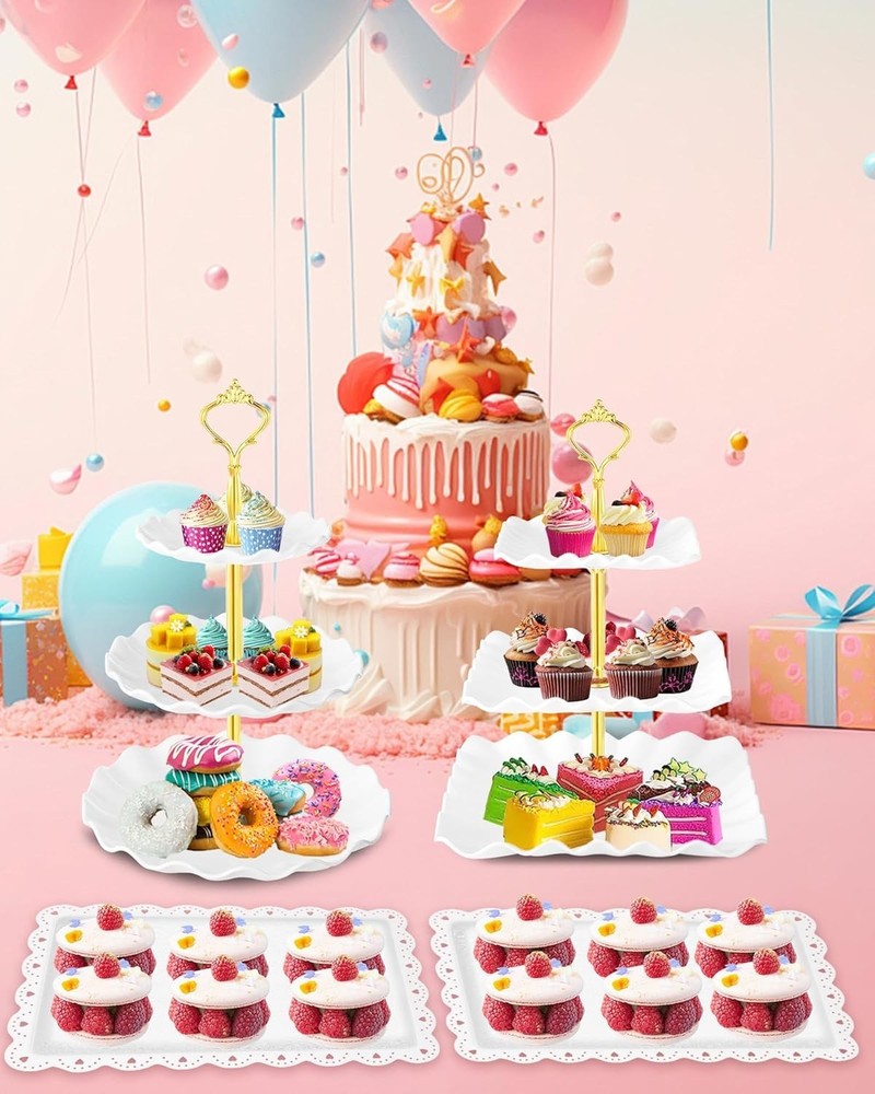 10 Pcs Cake Stand Plastic Dessert Table Display Set, 4 Pcs 3 Tier Cupcake Tower