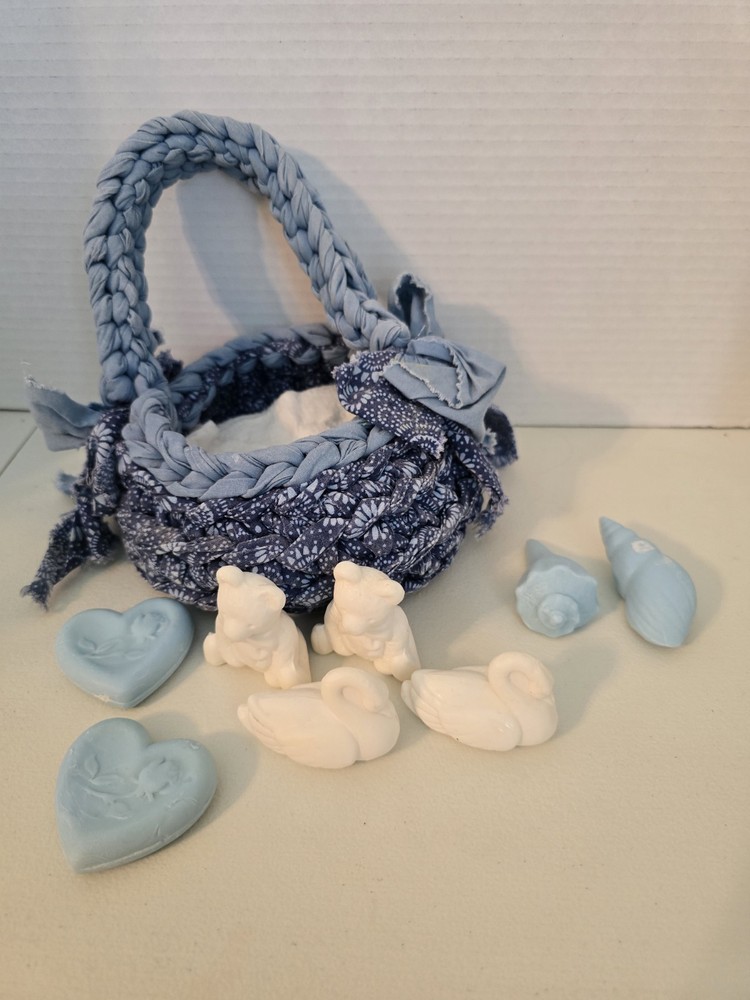 Vintage 1980s Tiny Soaps In Handmade Blue Basket
