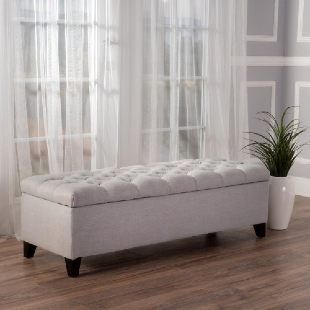 Light Gray Storage Ottoman Bench, Button Tufted Diamond Stitch Extra Seating