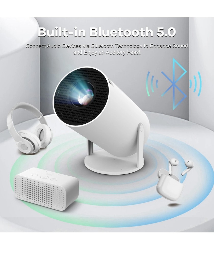 4K Smart Android Projector - 180 ° Rotating Stand + Auto Keystone, Home/Camping