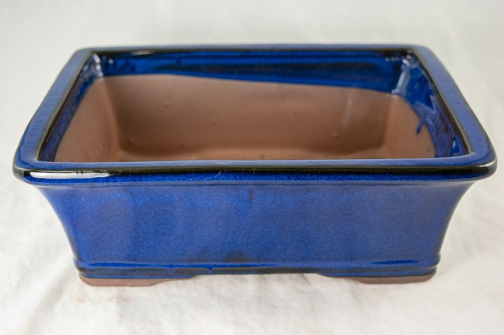10" Rectangular Dark Blue Glazed Cactus & Succulent, Bonsai Planter - Pot/Set