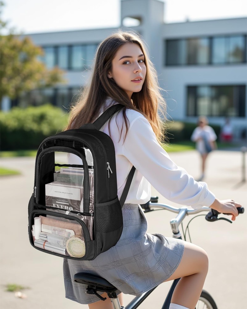 Clear Backpack, Fabric & PVC Transparent Backpack with Large, Black