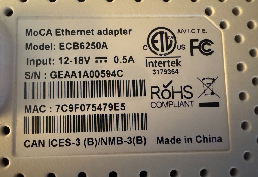 Actiontec MoCA Ethernet Network Adapters ECB6250 - No Power Cord