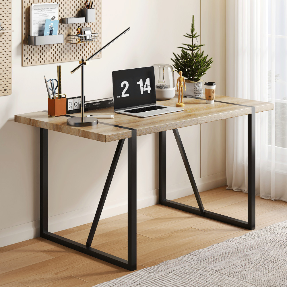 Rectangular dining table with a 1.5-inch thick wooden tabletop and metal legs