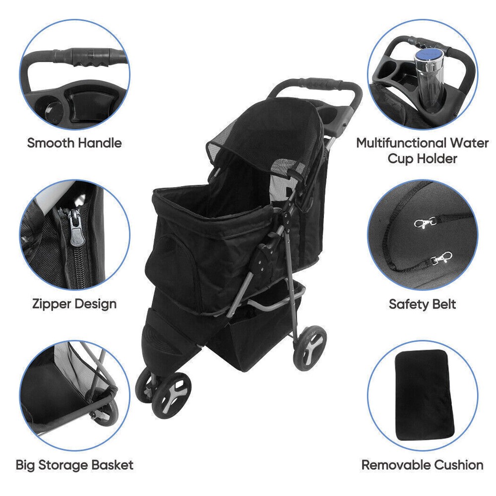 3/4-Wheels Folding Pet Stroller with Cup Holder, Mesh Window Portable Stroller