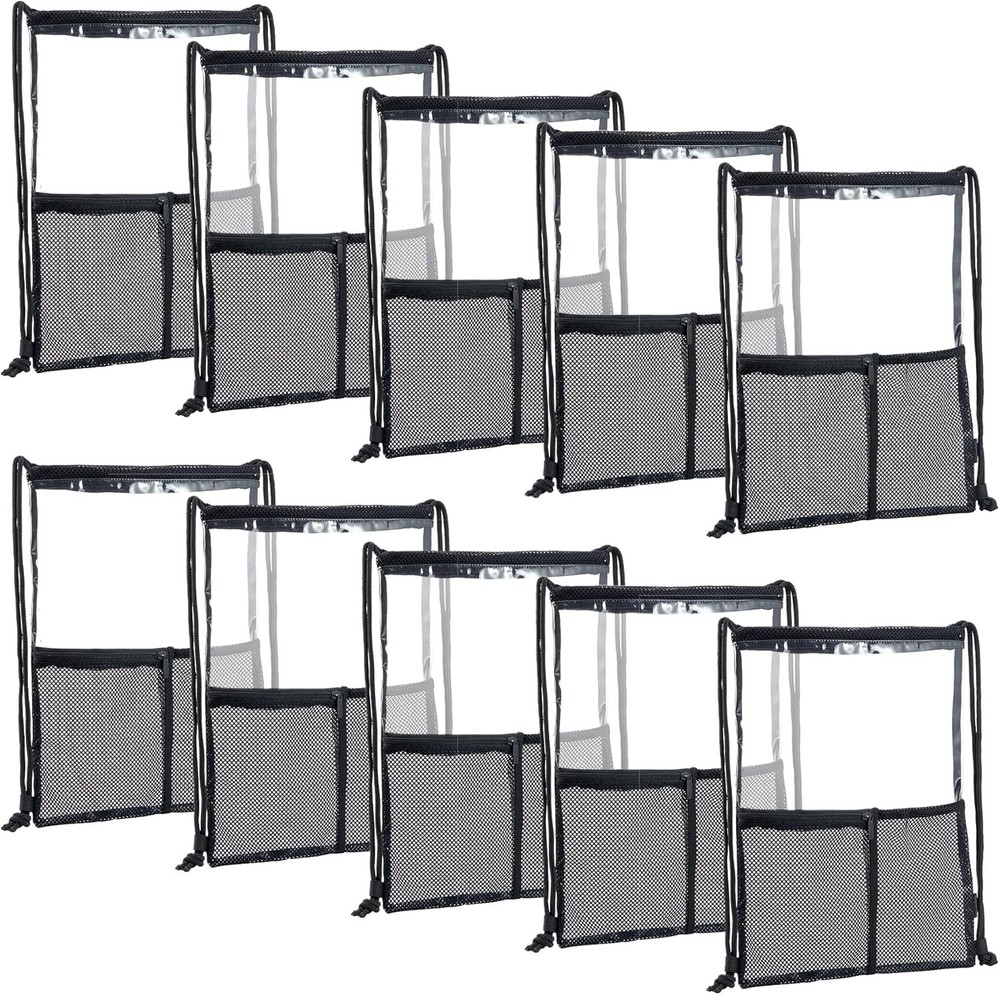 Clear Drawstring Backpack - 10pack String Cinch Bag Mesh Pocket, Bluk Black