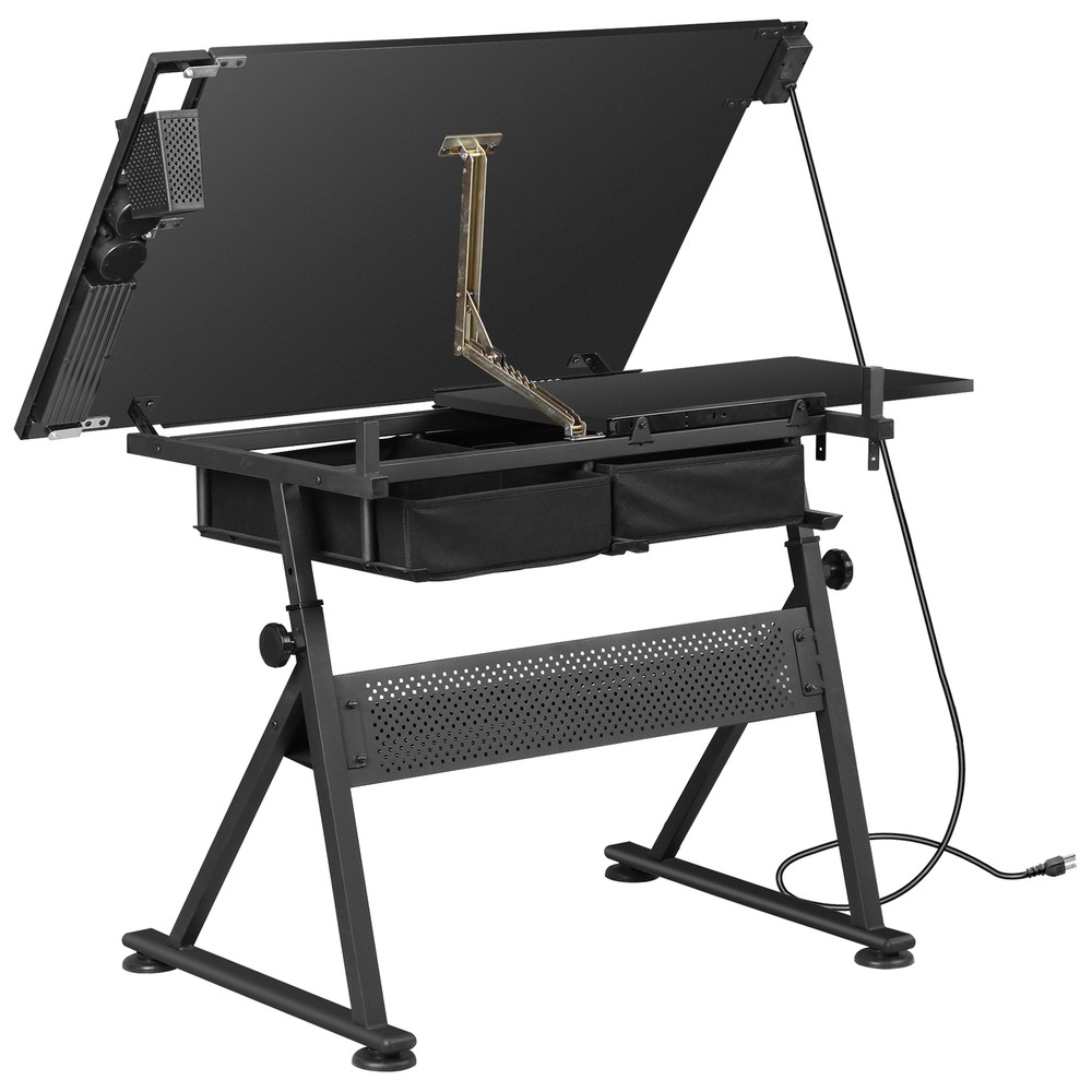 Adjustable Drafting Table with Outlet Artist Drawing Table with Stool Black