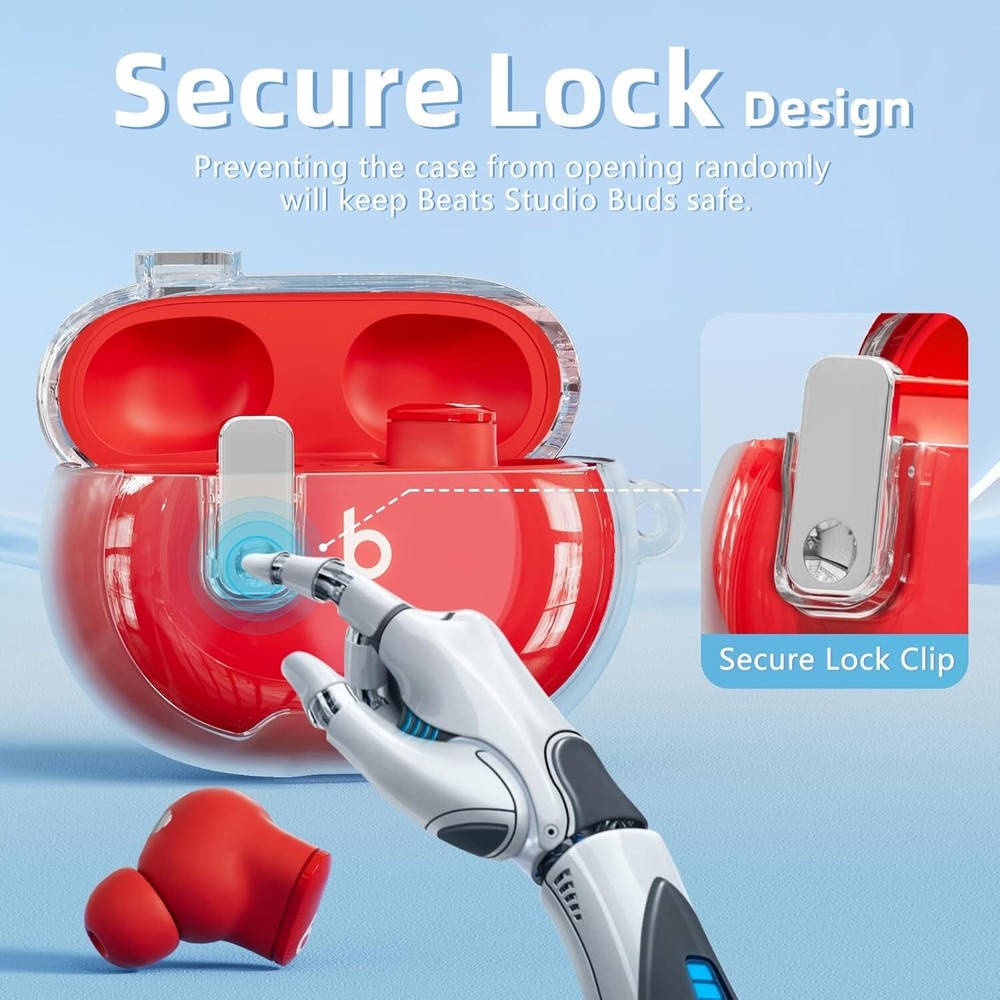 【with Safety Lock】 for Beats Studio Buds/Studio Buds Plus Case Clear White-b2