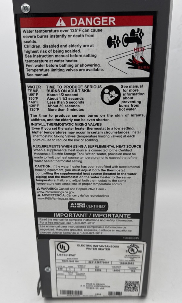 AO SMITH R2VR-180E 240V 18KW TANKLESS WATER HEATER New Open Box ￼