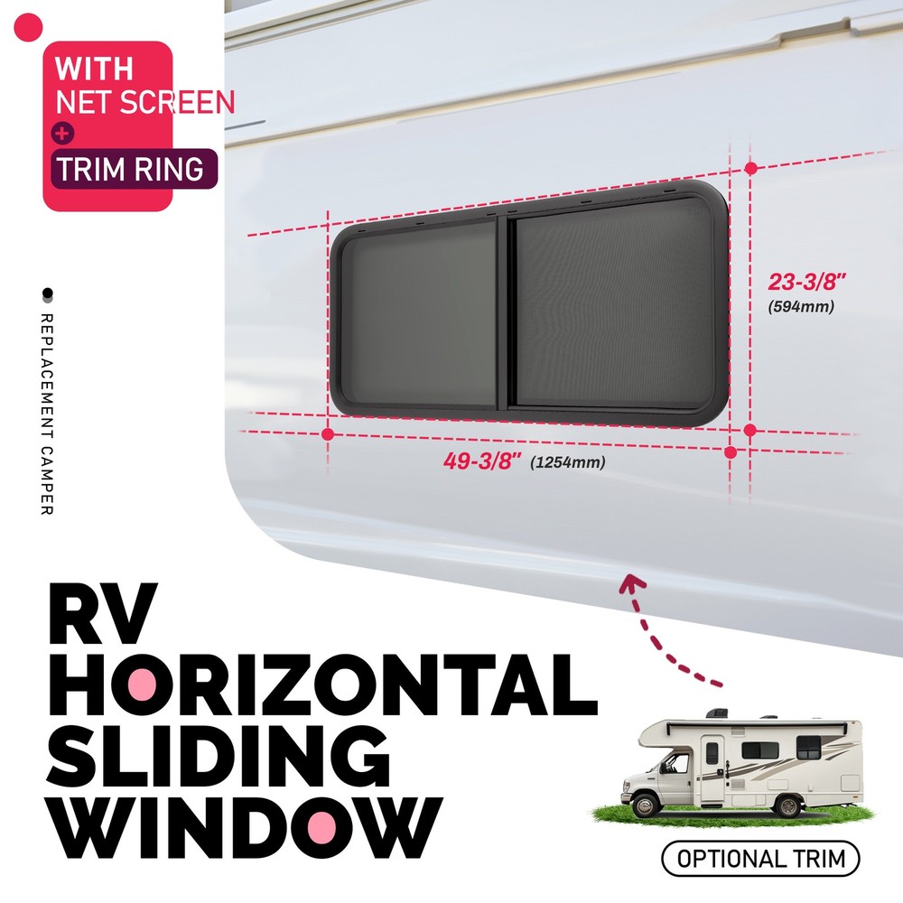 48" Width X 22" Height Horizontal Slider RV Window Cargo Trailer W/ Screen