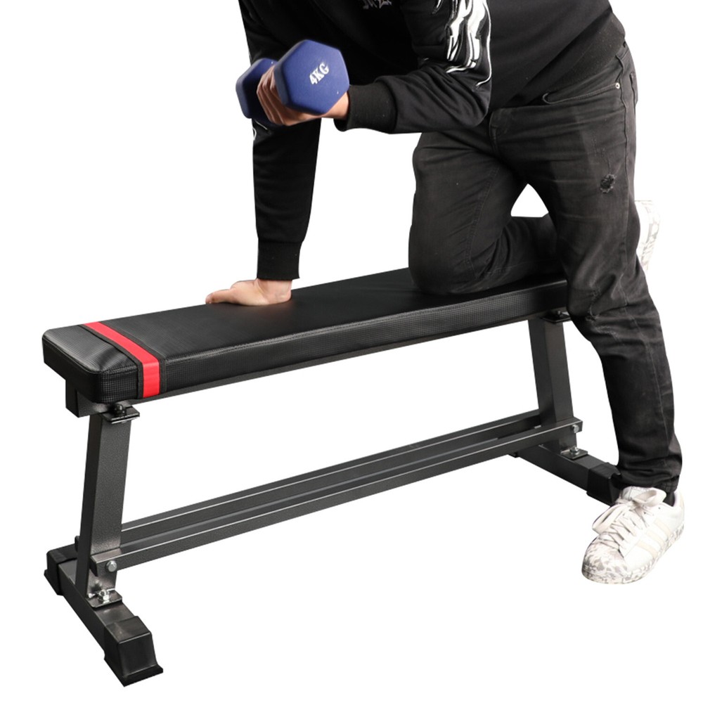Flat Weight Bench with Integrated Dumbbell Rack Home Gym Strength Training Black