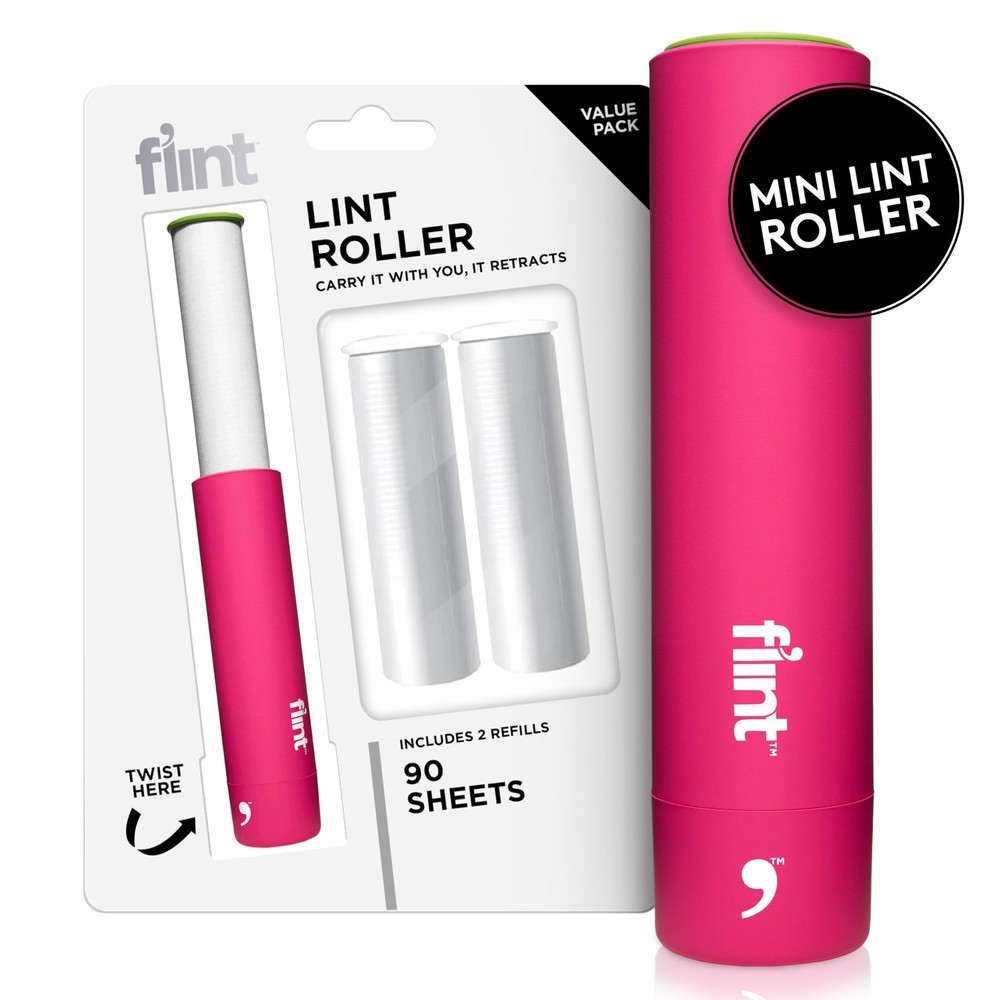 Flint Classic Pink Retractable Mini Lint Roller with 90 Extra 90 Sheets,