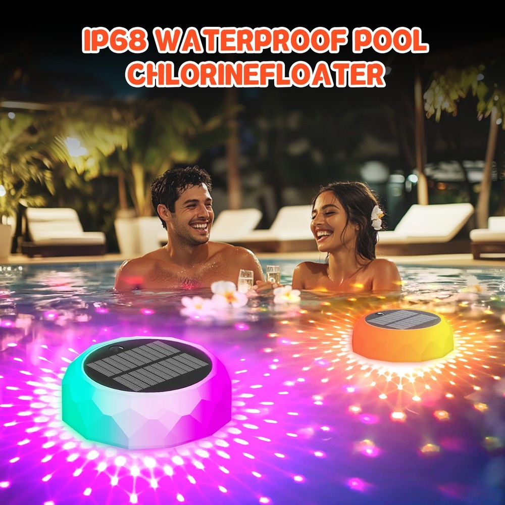 2 Pack Solar Pool Chlorine Floater with Remote, Pool Lights That Float, 8 Modes