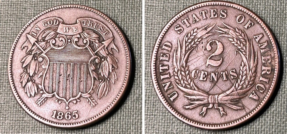 1865 Two Cent Piece - Looks AU - Free Shipping - Nice 2C Brown