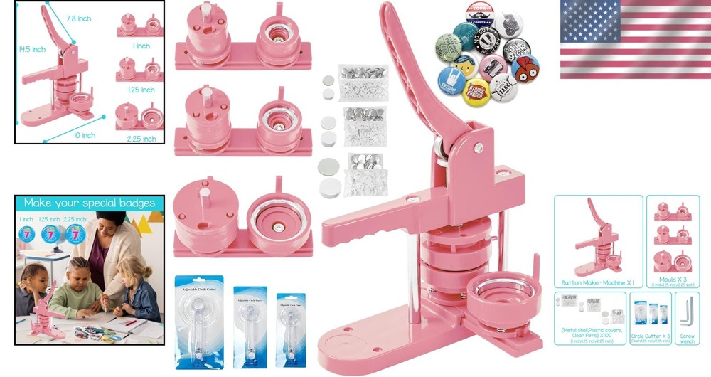 Pro Button Pin Maker Machine - 3 Mold Sizes, 300pc Kit, Labor-Saving