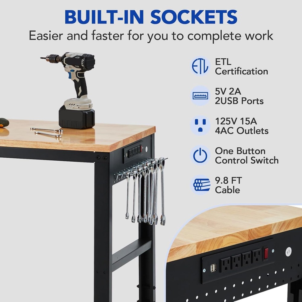 60" Adjustable Workbench, Heavy Duty Workstation with Power Outlets, 2000 LBS