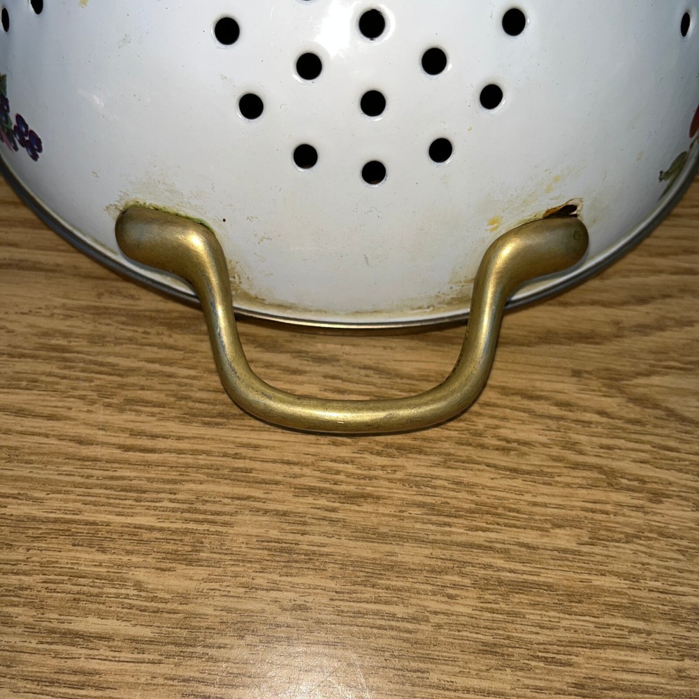 Vintage White Colander Strainer Handles Fruit Cherries Design