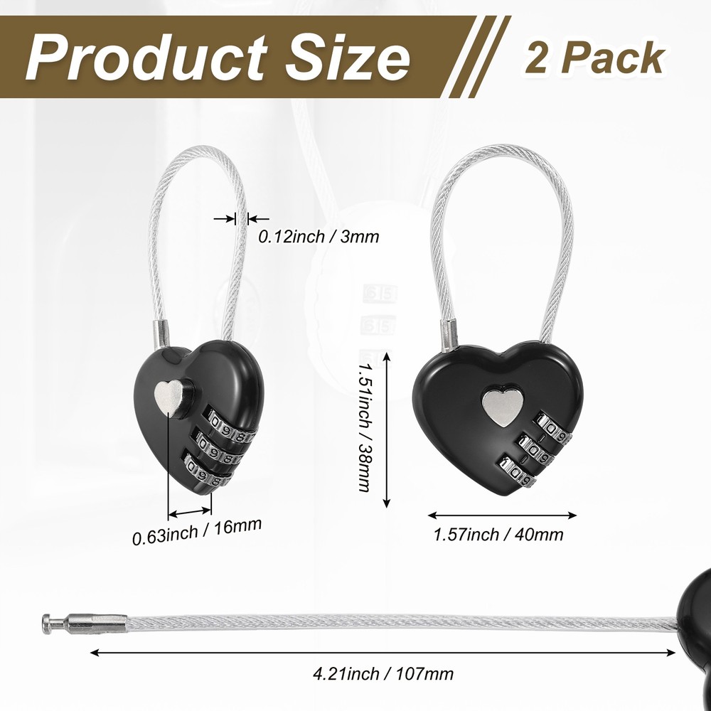 2-Pack Combination Padlock, 3 Digit Heart Shaped Cable Luggage Lock [Black]