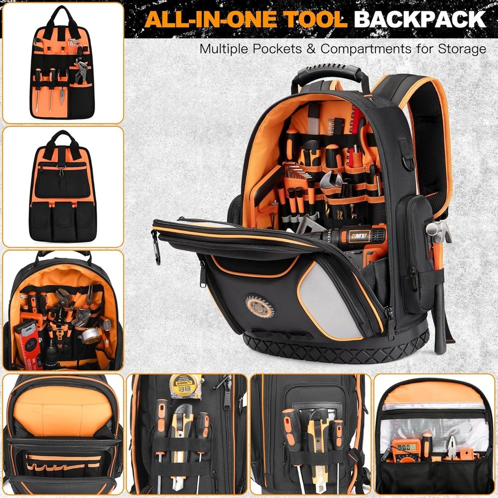 Professional Tool Backpack with 75 Pockets & Pull-Out Storage - Black & Orange